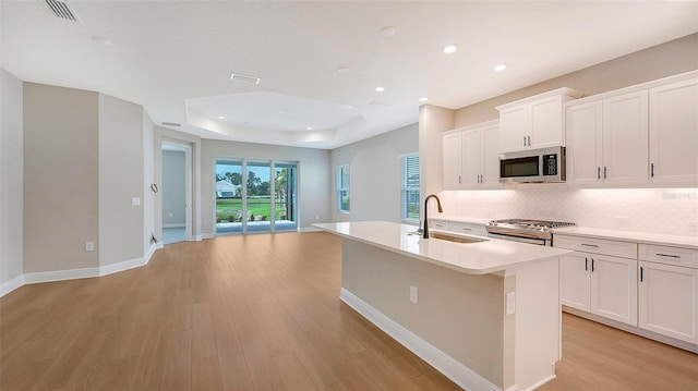 kitchen featuring white cabinetry, sink, a tray ceiling, a center island with sink, and appliances with stainless steel finishes