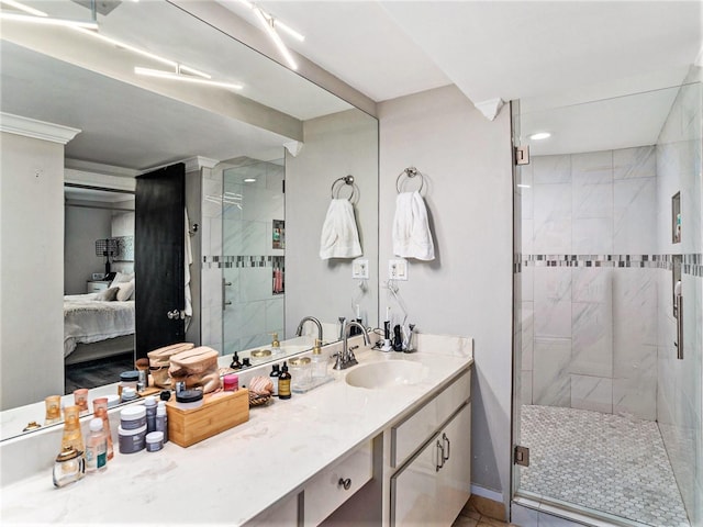 bathroom featuring walk in shower, tile flooring, and large vanity