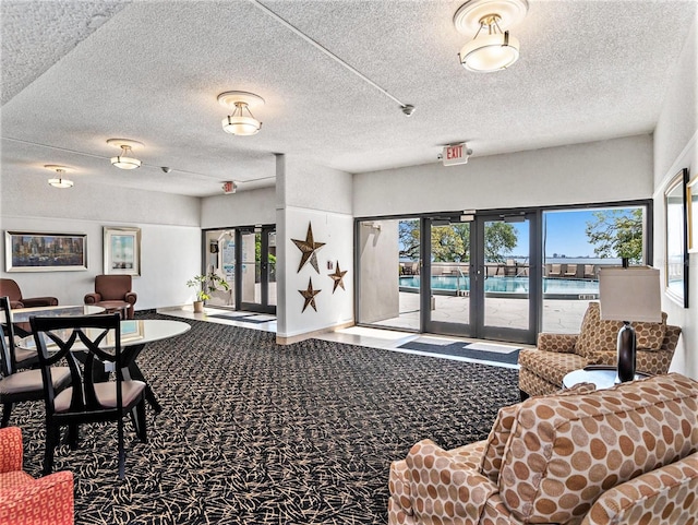 building lobby featuring a water view