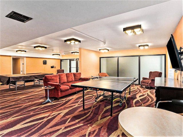 recreation room with billiards and carpet floors