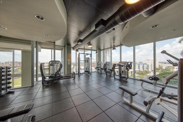 workout area featuring floor to ceiling windows and a healthy amount of sunlight