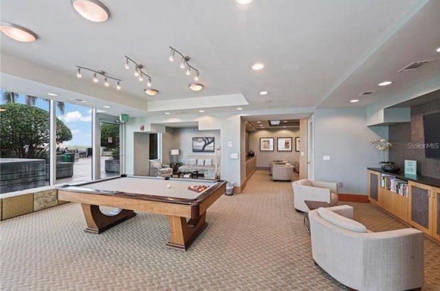 recreation room featuring light carpet and pool table