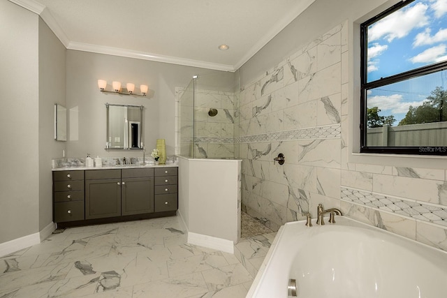 bathroom featuring vanity, plus walk in shower, and ornamental molding