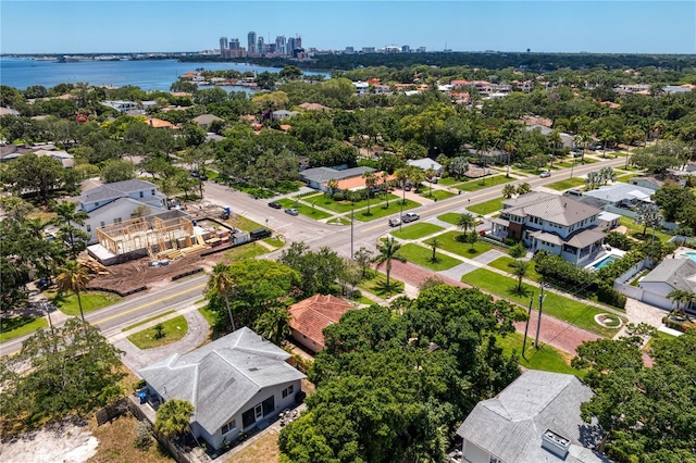 drone / aerial view featuring a water view