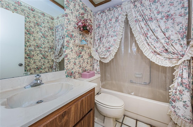 full bath featuring shower / bath combo, vanity, and toilet