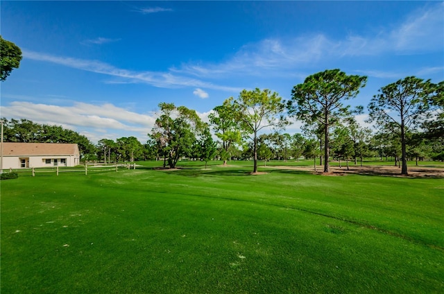 view of community with fence and a yard