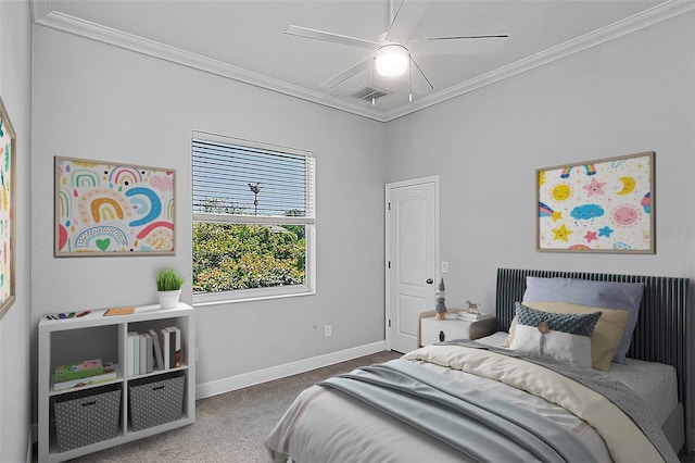 bedroom featuring carpet, ceiling fan, and crown molding