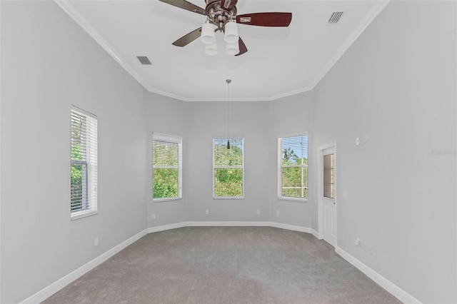 carpeted spare room with ceiling fan, ornamental molding, and a high ceiling