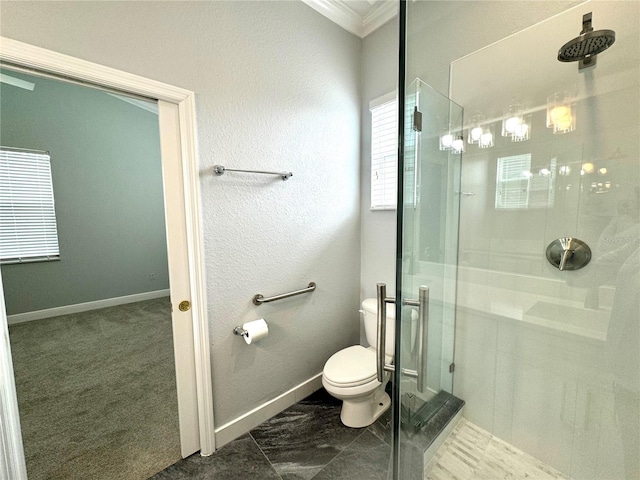 6218 Bridleford Dr, Wesley Chapel, FL 33545 - full bathroom with crown molding, toilet, a stall shower, marble finish floors, and baseboards