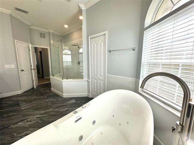 bathroom with plus walk in shower and crown molding