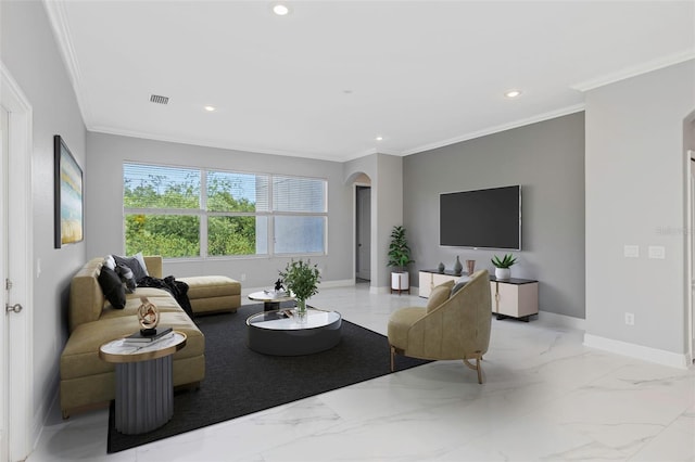 living room with crown molding