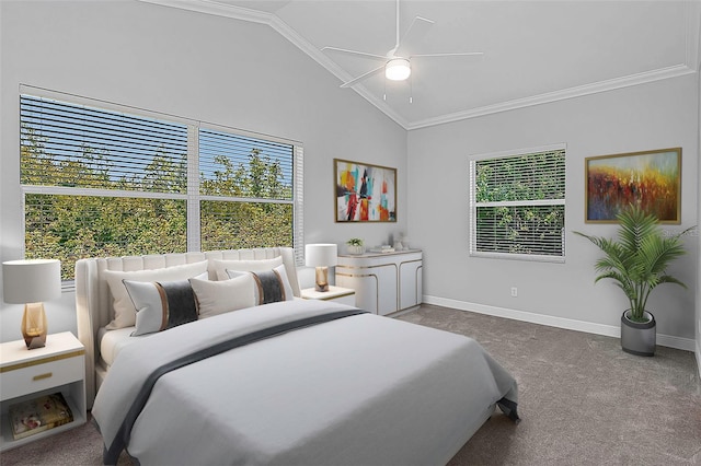 carpeted bedroom with crown molding, ceiling fan, and lofted ceiling