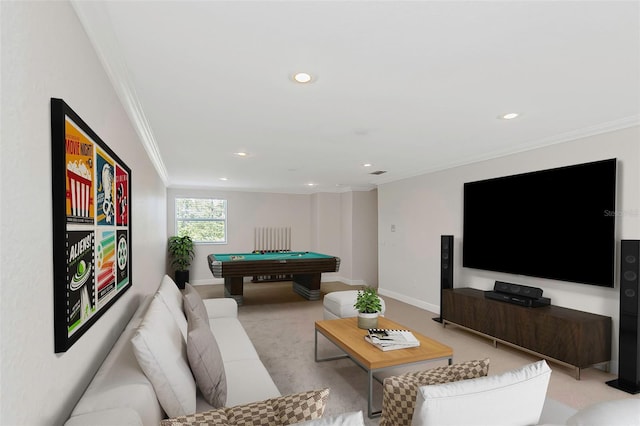 recreation room with light colored carpet, ornamental molding, and pool table