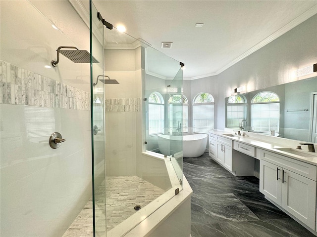 bathroom with vanity, ornamental molding, and shower with separate bathtub