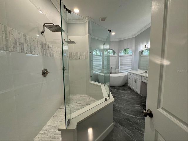 bathroom with crown molding, vanity, and independent shower and bath