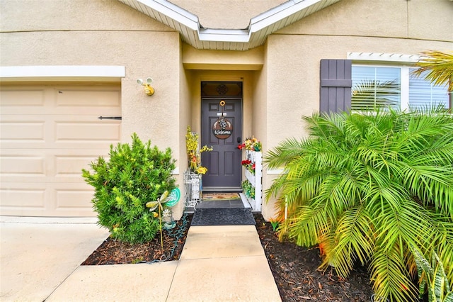 view of exterior entry with a garage