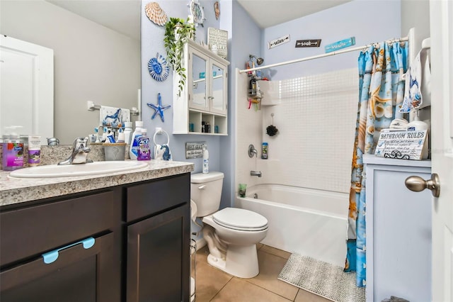 full bathroom with toilet, vanity, shower / bathtub combination with curtain, and tile patterned flooring