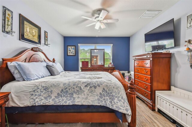 bedroom featuring ceiling fan and light hardwood / wood-style flooring