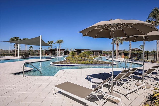 view of swimming pool featuring a patio area