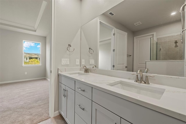 bathroom featuring a shower and vanity