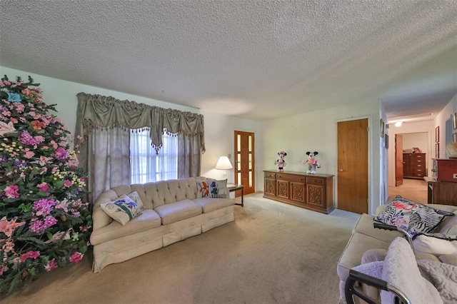 carpeted living room featuring a textured ceiling