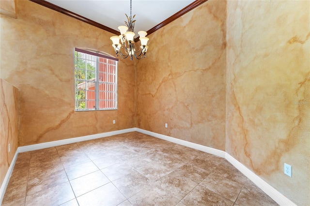 tiled spare room with a notable chandelier and crown molding