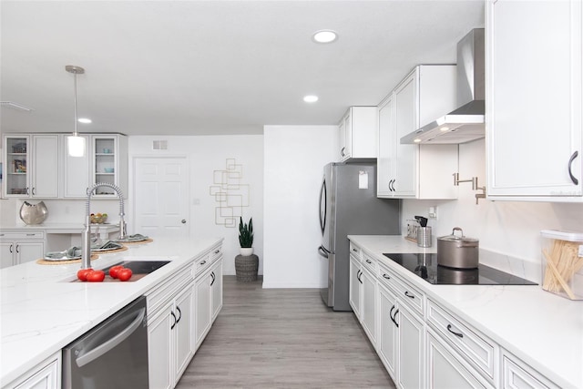 kitchen with appliances with stainless steel finishes, sink, wall chimney range hood, decorative light fixtures, and light hardwood / wood-style flooring