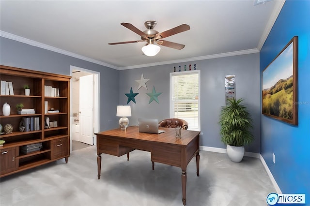 office featuring ceiling fan and ornamental molding