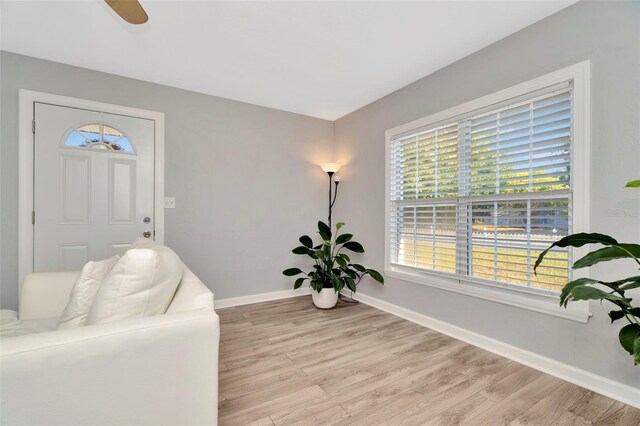 living area with light wood-type flooring and ceiling fan