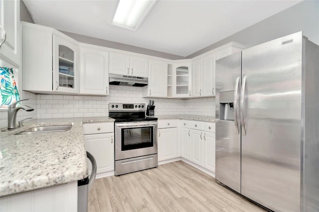 kitchen featuring white cabinets, sink, decorative backsplash, appliances with stainless steel finishes, and light hardwood / wood-style floors