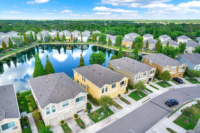 drone / aerial view featuring a water view