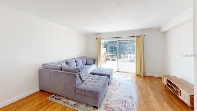 living room featuring a textured ceiling and light wood-type flooring