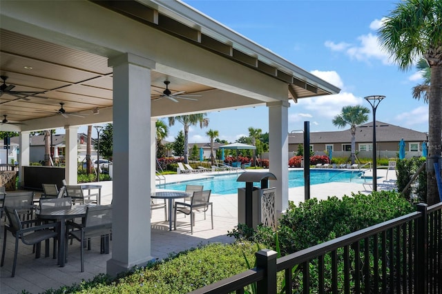 view of swimming pool with ceiling fan and a patio area