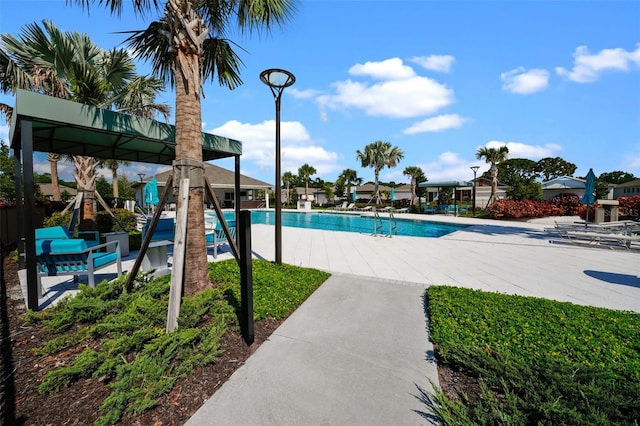 view of swimming pool featuring a patio area