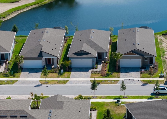 birds eye view of property featuring a water view