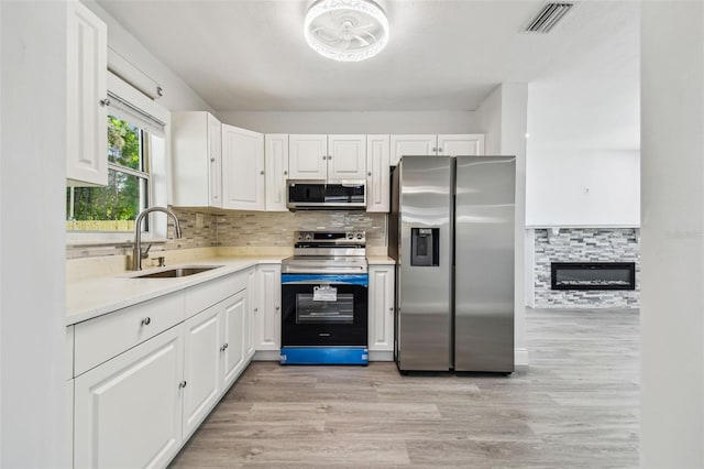 kitchen featuring backsplash, sink, a fireplace, white cabinetry, and stainless steel appliances