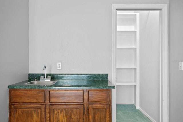 bar with sink and light colored carpet