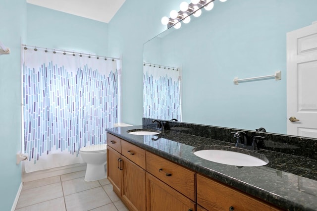 full bathroom with shower / bath combination with curtain, vanity, toilet, and tile patterned flooring