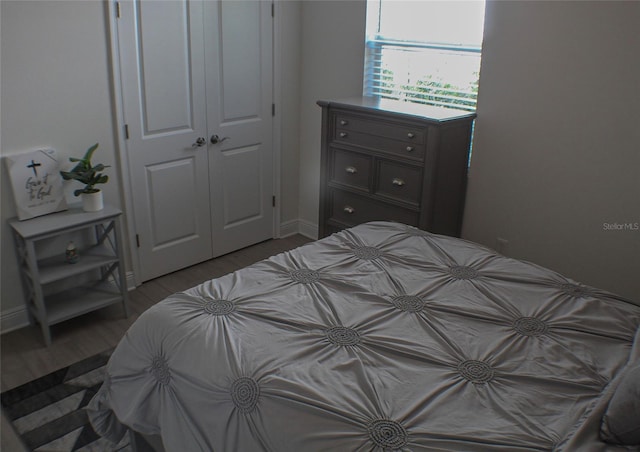 bedroom with hardwood / wood-style flooring and a closet