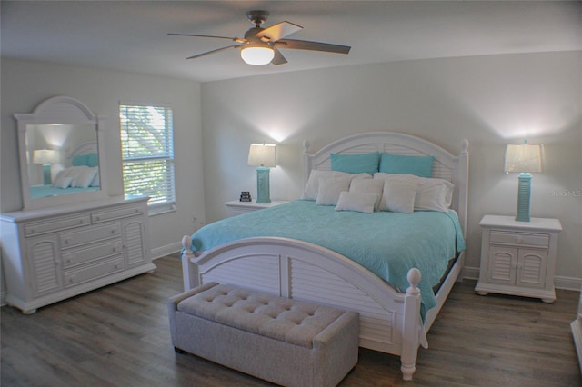 bedroom featuring ceiling fan and dark hardwood / wood-style floors