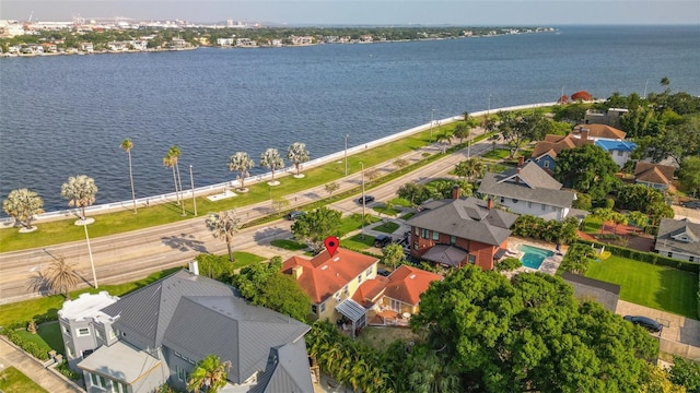 aerial view featuring a water view and a residential view