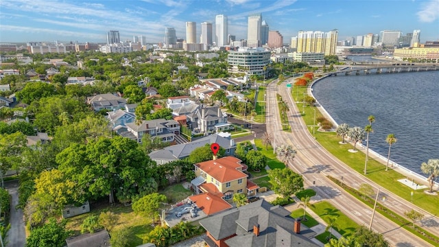 aerial view featuring a water view and a city view