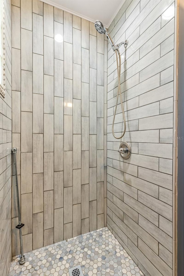 bathroom featuring tiled shower and ornamental molding