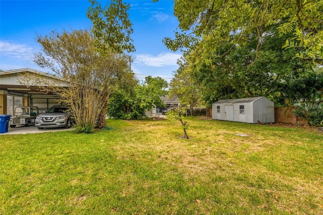 view of yard with a carport and a storage shed