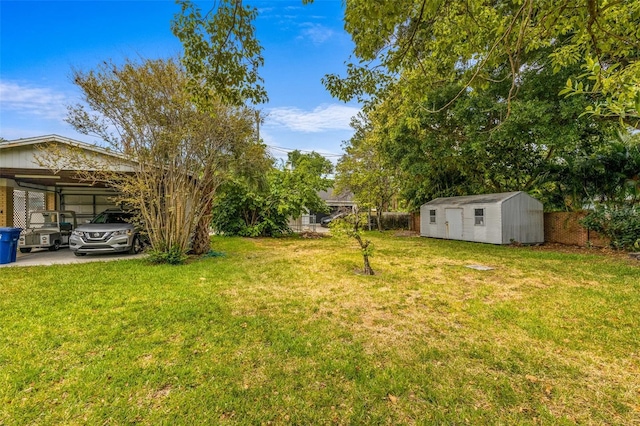 view of yard featuring a shed, fence, a detached carport, and an outdoor structure