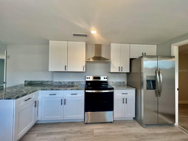 kitchen featuring white cabinets, stainless steel appliances, and wall chimney exhaust hood