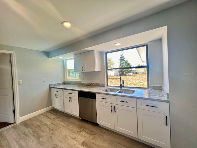 kitchen with sink, white cabinets, stainless steel dishwasher, and light hardwood / wood-style flooring