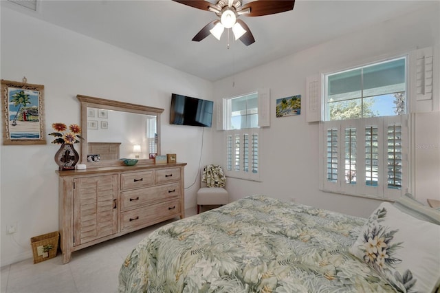 bedroom featuring ceiling fan and multiple windows