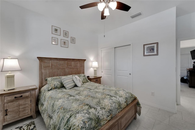 bedroom with ceiling fan and a closet