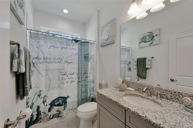 full bathroom featuring toilet, shower / bath combo, vanity, and tile patterned floors